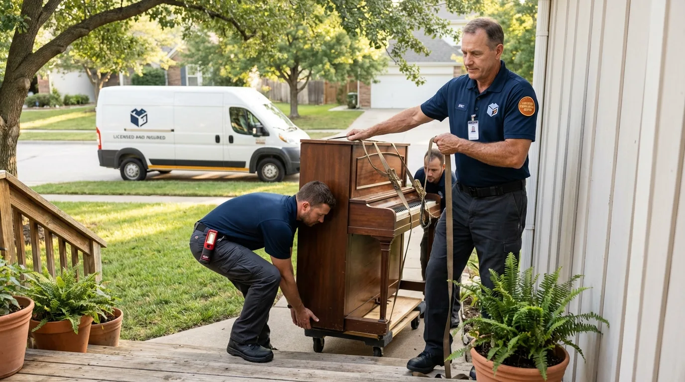 Licensed piano movers securing grand piano in Pineville, MO