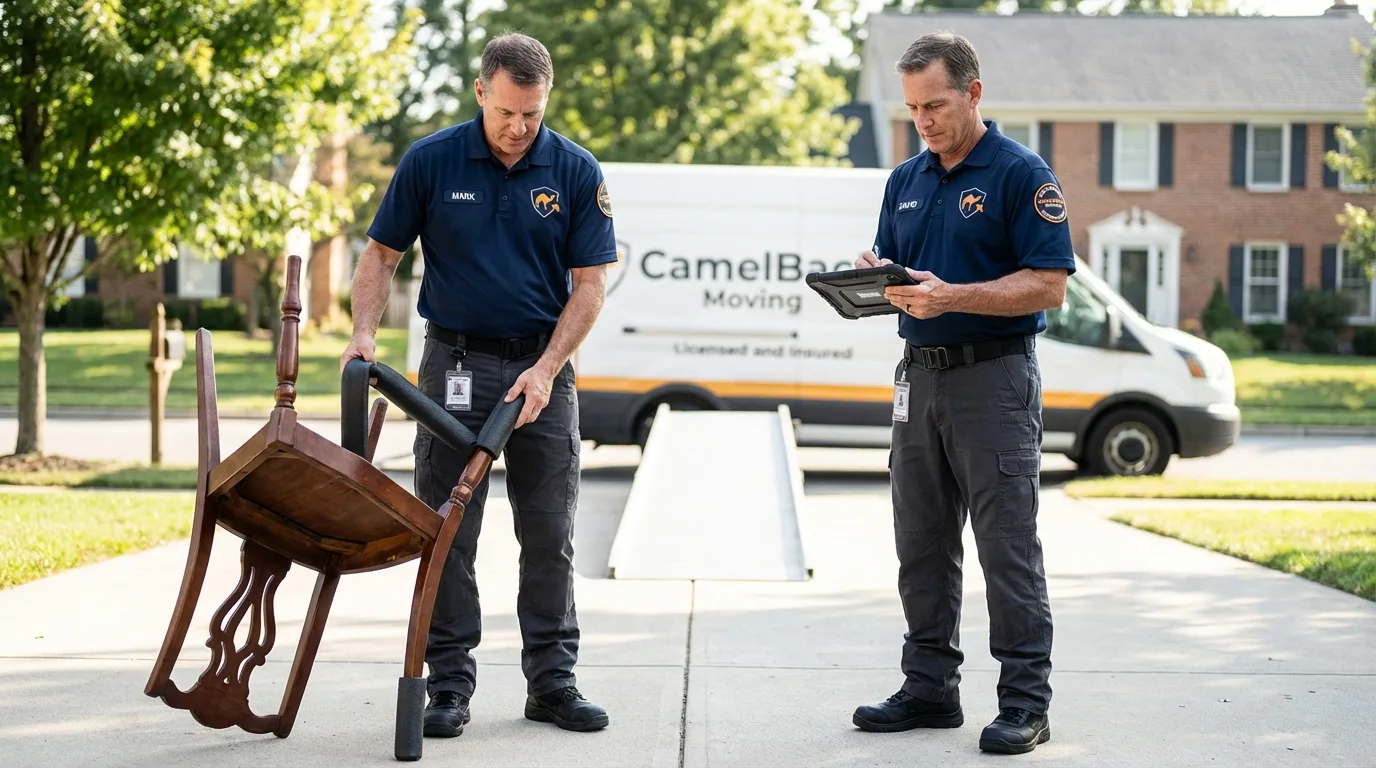 Movers inspecting furniture for damage prevention before loading in Pineville, MO