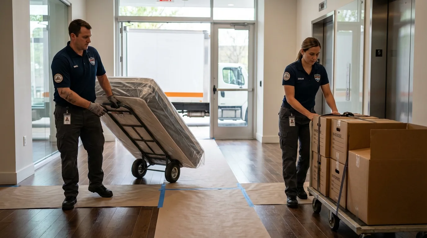 Professional apartment movers loading elevator in Pineville, MO